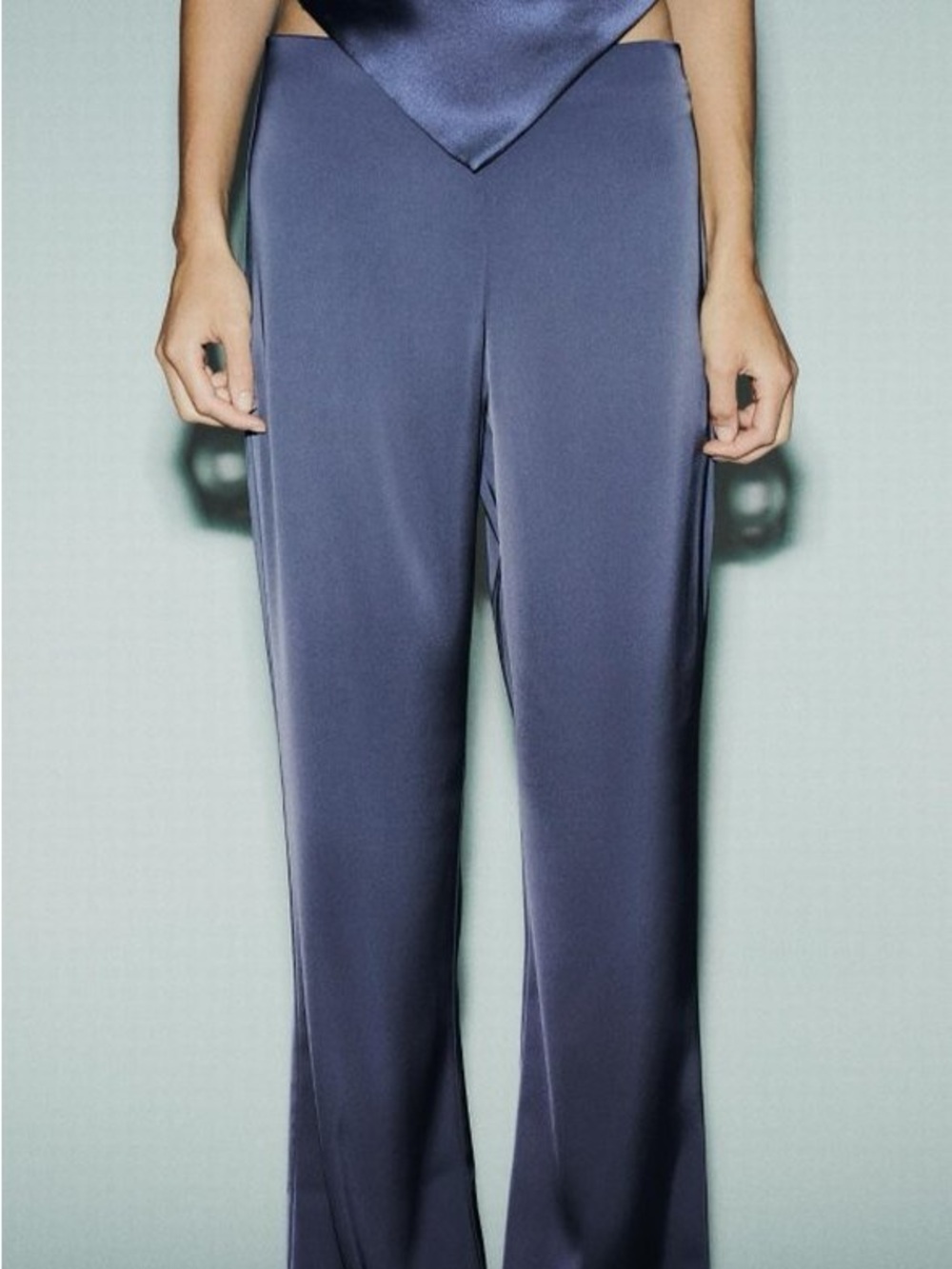 Zara Satin Wide-Leg Pants in Slate Blue
